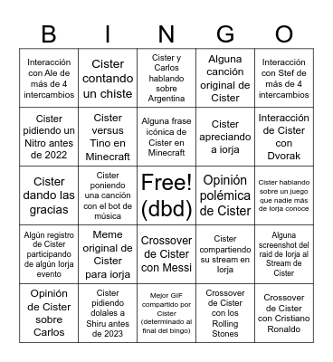 Cister Bingo Card