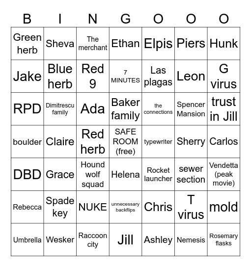 Resident Evil Bingo Card