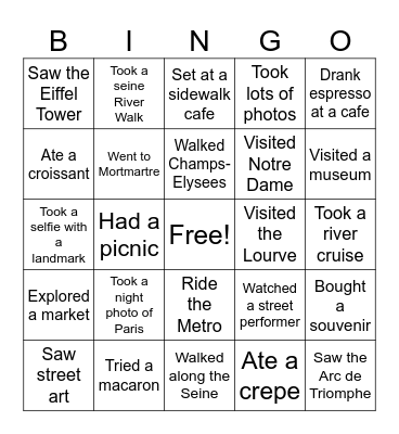 Paris Bingo Card