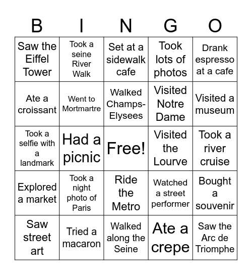 Paris Bingo Card