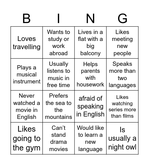 Get to know you Bingo Card