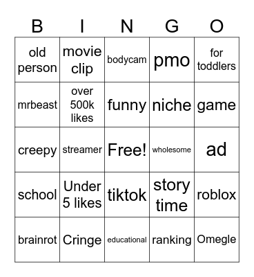 YouTube shorts Bingo Card