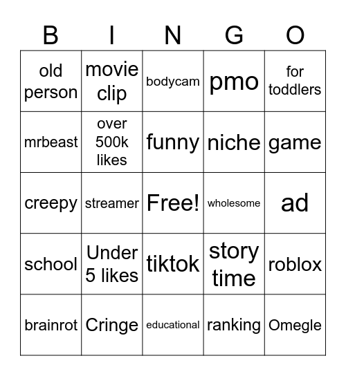 YouTube shorts Bingo Card