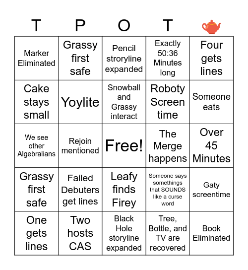 TPOT 23 Predictions Bingo Card