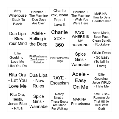 UK Music Bingo: Female Icons Bingo Card