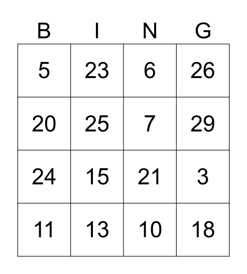 bingo 1-30 Bingo Card