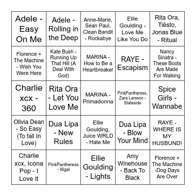 UK Music Bingo: Female Icons Bingo Card