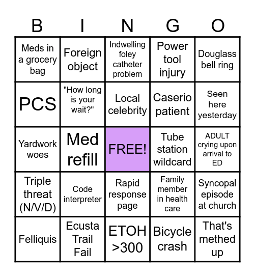 Sunday Funday ED Bingo Card