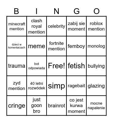 phub comment Bingo Card