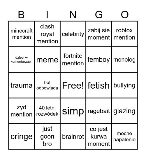phub comment Bingo Card