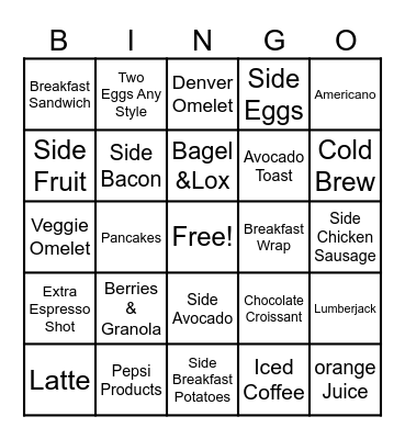Breakfast Service Bingo Card