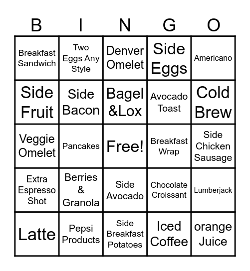 Breakfast Service Bingo Card