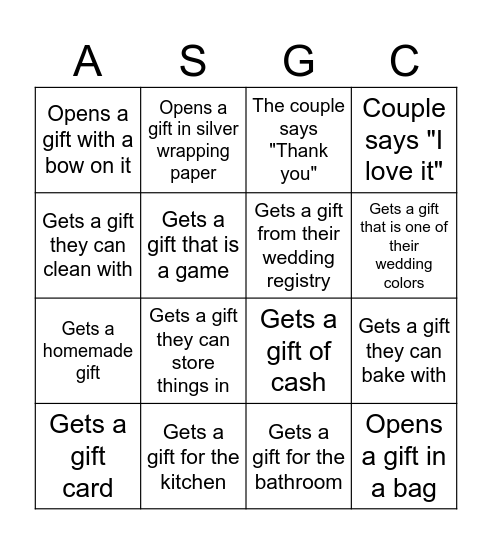 Shower Bingo Card