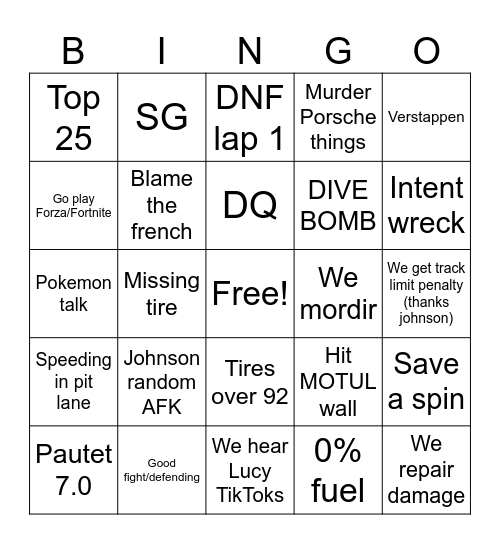 Imola 6 hr Bingo Card