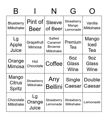 Beverage Bingo Card