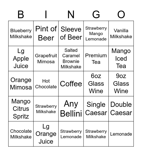 Beverage Bingo Card