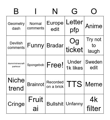 Tiktok bingo Card