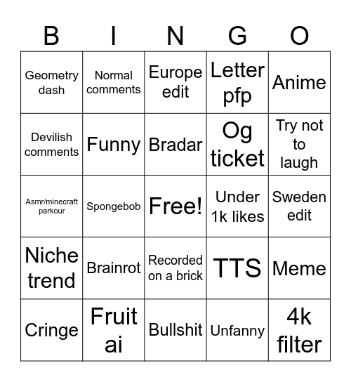 Tiktok bingo Card