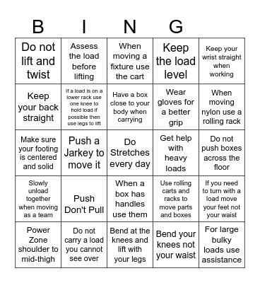 Ergonomics Bingo Card