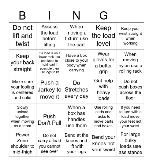 Ergonomics Bingo Card