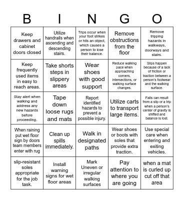 Slip, Trip, Falls Bingo Card