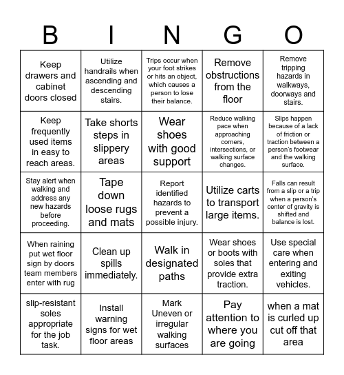 Slip, Trip, Falls Bingo Card