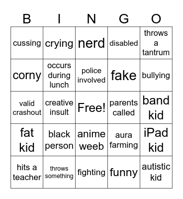 school crashout bingo Card