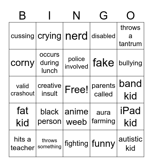 school crashout bingo Card