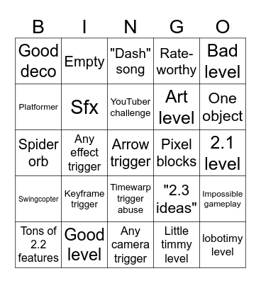 Geometry Dash 2.2 Recent Tab Bingo Card