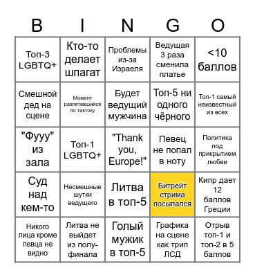 Eurovision 2026 Grand Final Bingo Card