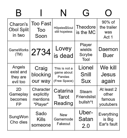 Pony Island 2 Unlikely Prediction Bingo Card