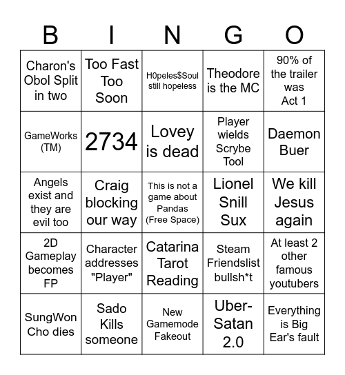 Pony Island 2 Unlikely Prediction Bingo Card