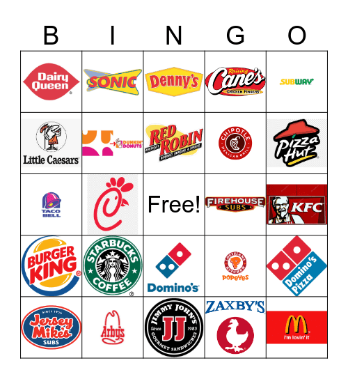 Fast Food Restaurant Logos Bingo Card