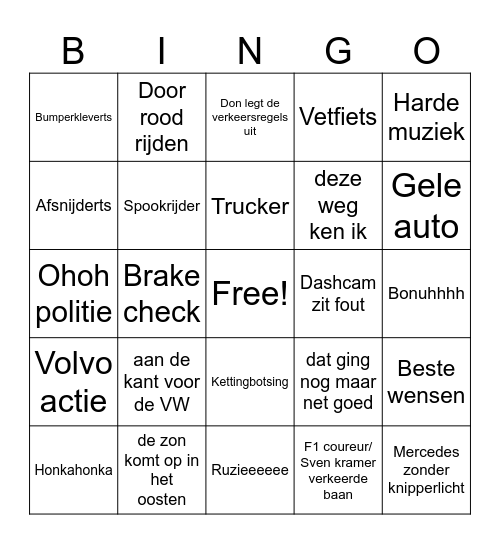 Dashcam Bingo Card