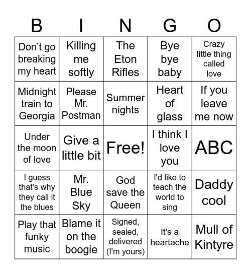 70's Bingo Card