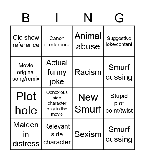 Smurfs 2025 bingo Card