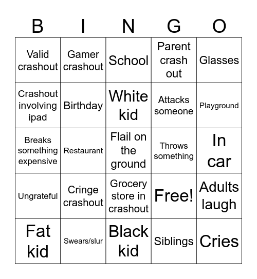 Kid crashout Bingo Card