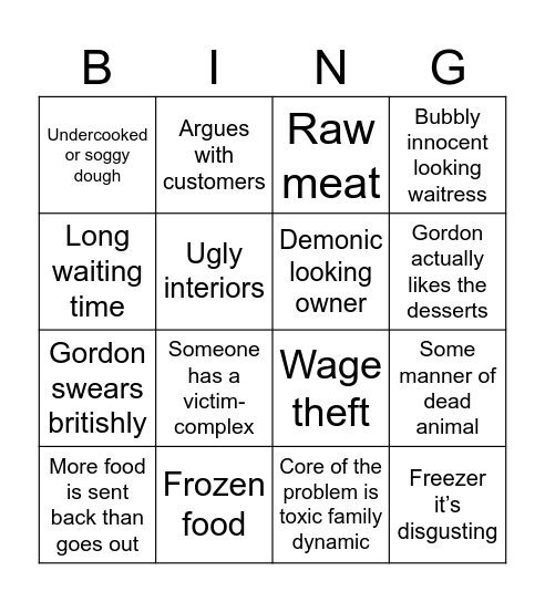 Big Gord’ Bingo Card