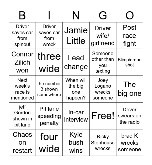 Nascar Talladega Superspeedway 2025 Bingo Card