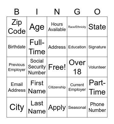 Job Application BINGO Card