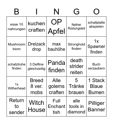 Minecraft bingo Card