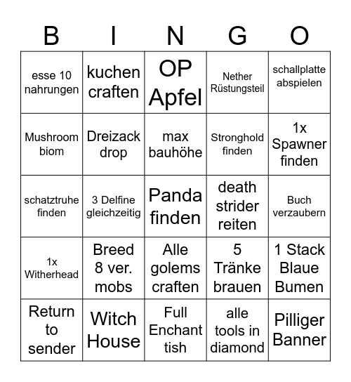 Minecraft bingo Card