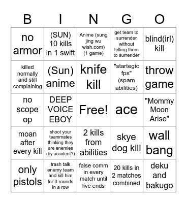 Valorant Bingo Card