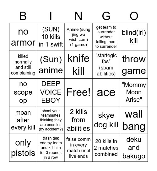 Valorant Bingo Card