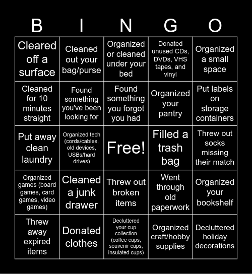 Organizing Bingo Card