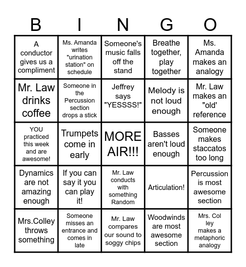 MYW Rehearsal Bingo Card