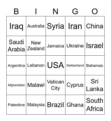 Flags of the World Bingo Card