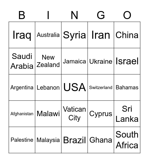 Flags of the World Bingo Card
