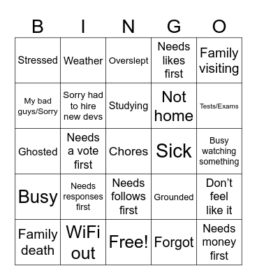 Excuses Bingo Card