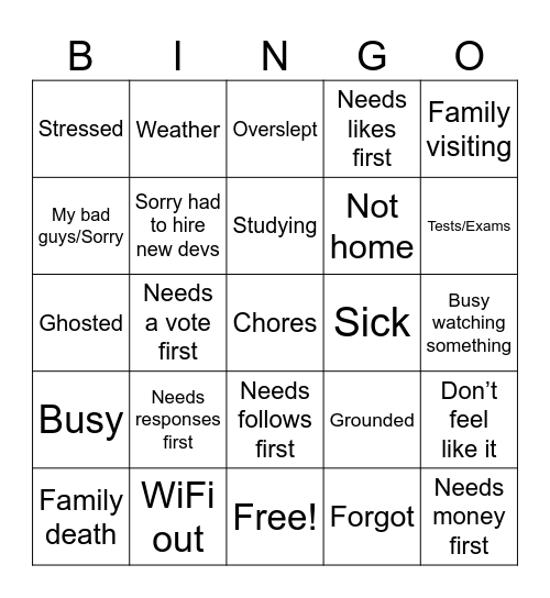 Excuses Bingo Card